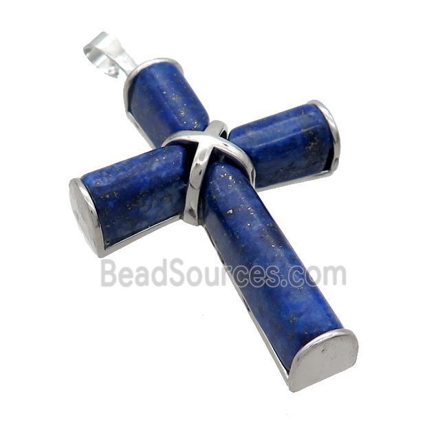 Natural Blue Lapis Lazuli Cross Pendant Platinum Plated