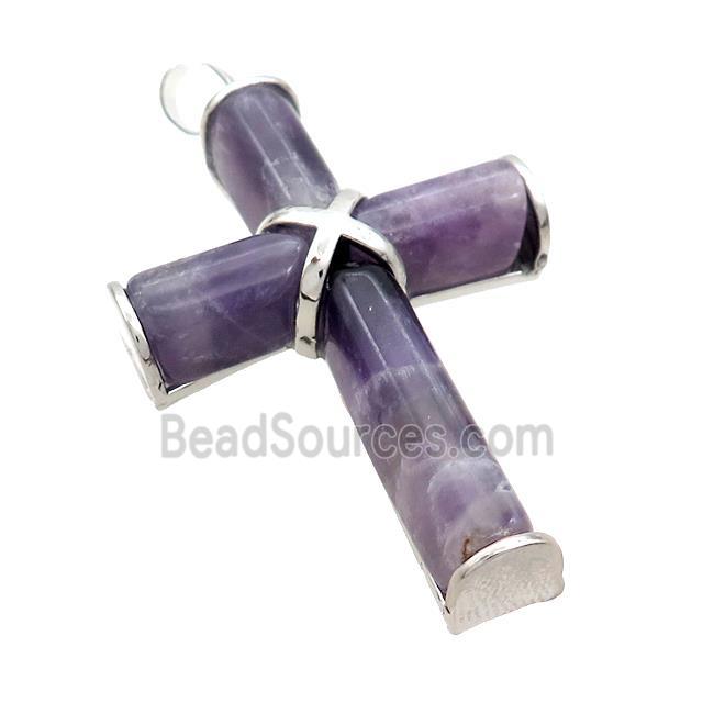 Natural Amethyst Cross Pendant Purple Platinum Plated