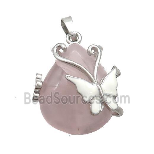 Pink Rose Quartz Teardrop Pendant Alloy Platinum Plated