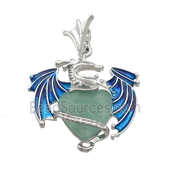 Alloy Dragon Pendant Pave Green Aventurine Heart Blue Enamel Platinum Plated