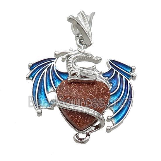 Alloy Dragon Pendant Pave Golden Sandstone Heart Blue Enamel Platinum Plated