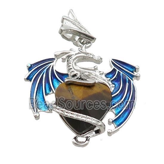 Alloy Dragon Pendant Pave Tiger Eye Stone Heart Blue Enamel Platinum Plated