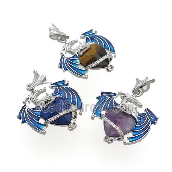 Alloy Dragon Pendant Pave Gemstone Heart Blue Enamel Platinum Plated Mixed