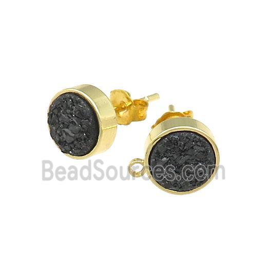 Black Druzy Quartz Stud Earrings Gold Plated