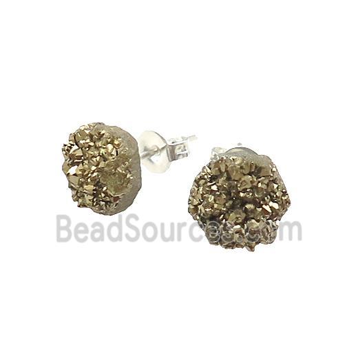 Gold Druzy Quartz Stud Earrings Platinum Plated