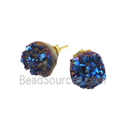 Blue Druzy Quartz Stud Earrings Gold Plated