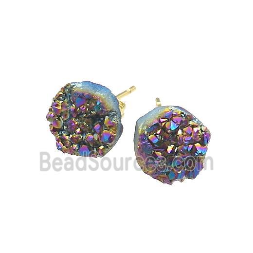 Rainbow Druzy Quartz Stud Earrings Gold Plated