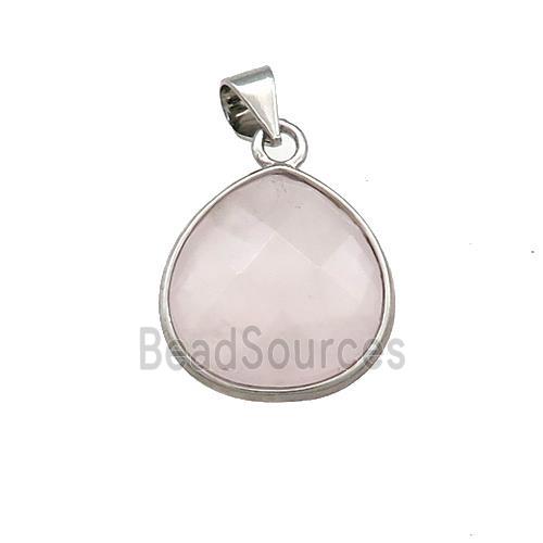 Natural Pink Rose Quartz Teardrop Pendant Platinum Plated