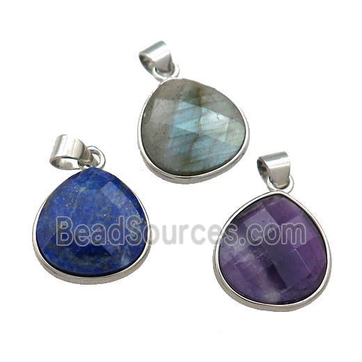 Mixed Natural Gemstone Teardrop Pendant Platinum Plated