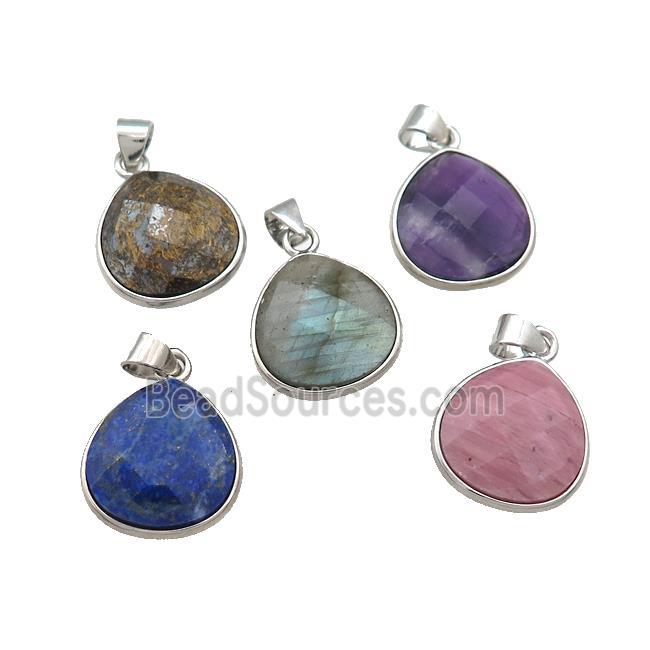 Mixed Natural Gemstone Teardrop Pendant Platinum Plated