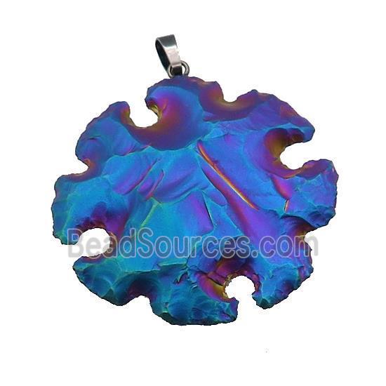 Natural Rock Agate Pendant Hot Wheels Snowflake Hammered Multicolor Electroplated