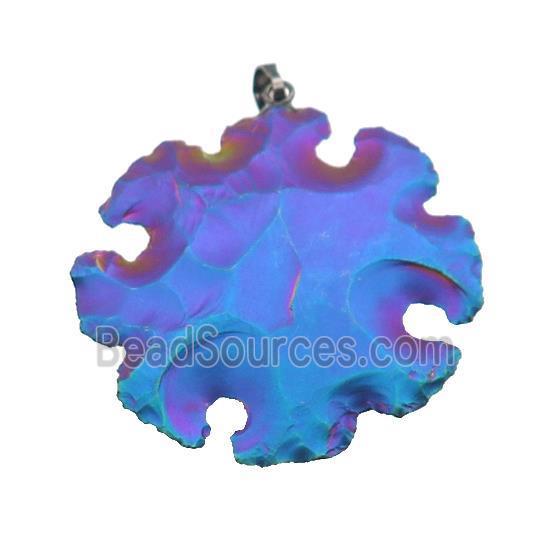 Natural Rock Agate Pendant Hot Wheels Snowflake Hammered Multicolor Electroplated