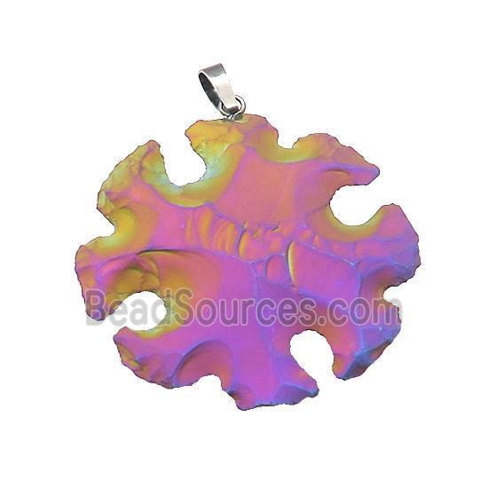 Natural Rock Agate Pendant Hot Wheels Snowflake Hammered Multicolor Electroplated