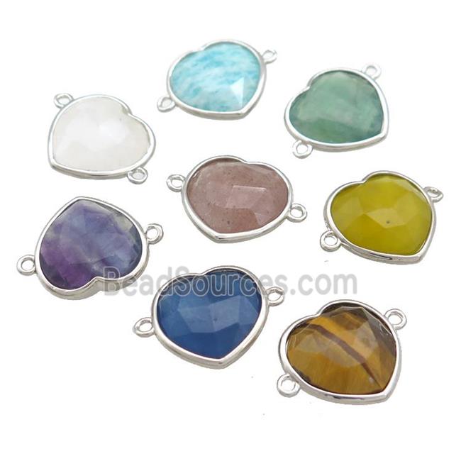 Mix Gemstone Heart Connector Platinum Plated