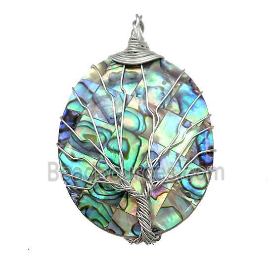 Abalone Shell Oval Pendant Tree Of Life Copper Wire Wrapped Platinum