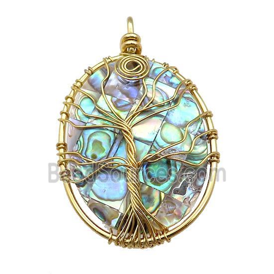 Abalone Shell Oval Pendant Tree Of Life Copper Wire Wrapped Gold Plated