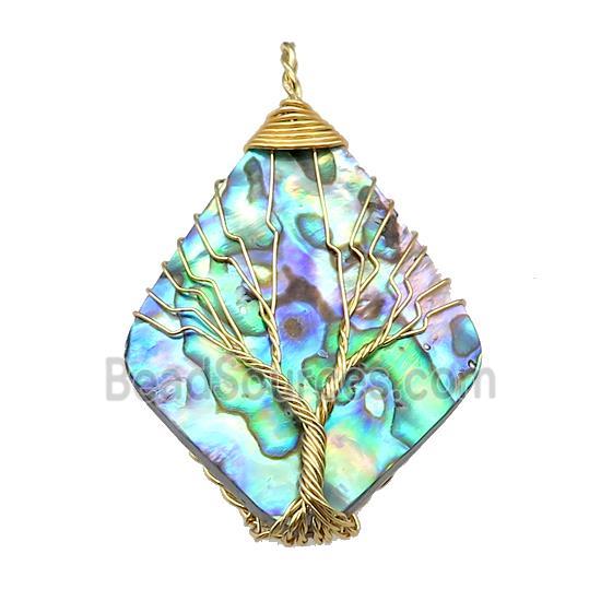 Abalone Shell Rhombus Pendant Tree Of Life Copper Wire Wrapped Gold Plated