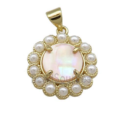 Copper Circle Pendant Pave Pink Queen Shell Pearlized Resin Gold Plated