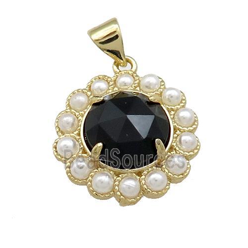 Copper Circle Pendant Pave Black Onyx Pearlized Resin Gold Plated