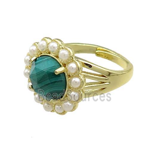 Copper Circle Rings Pave Green Malachite Pearlized Resin Adjustable Gold Plated