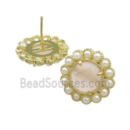 Copper Circle Stud Earrings Pave Rose Quartz Pearlized Resin Gold Plated