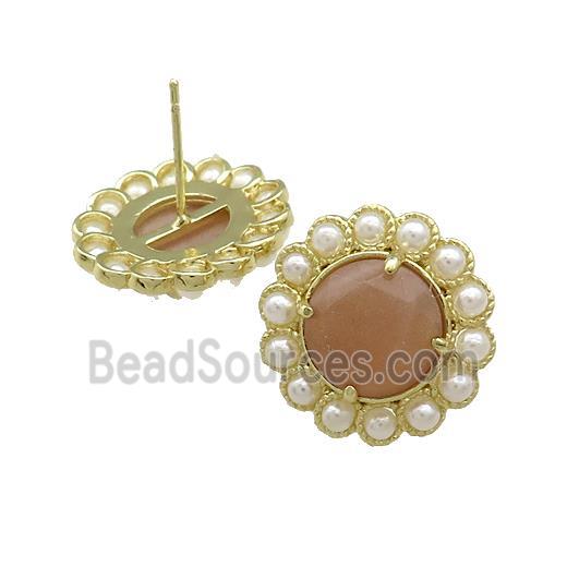 Copper Circle Stud Earrings Pave Peach Sunstone Pearlized Resin Gold Plated