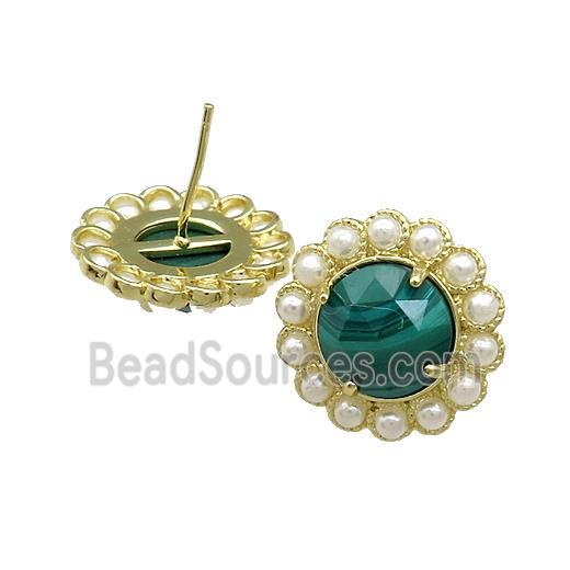 Copper Circle Stud Earrings Pave Green Malachite Pearlized Resin Gold Plated