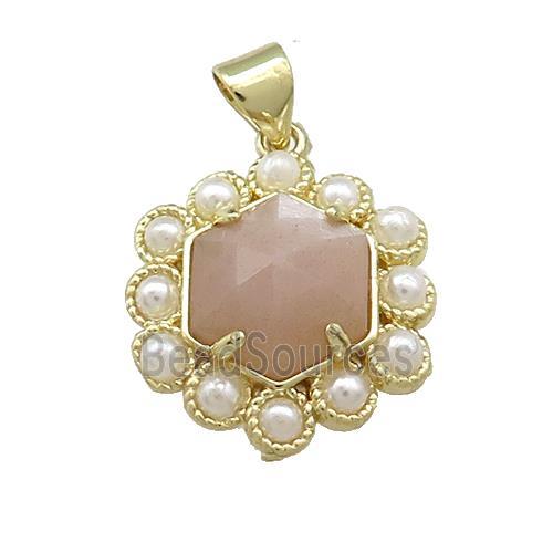 Copper Hexagon Pendant Pave Peach Sunstone Pearlized Resin Gold Plated