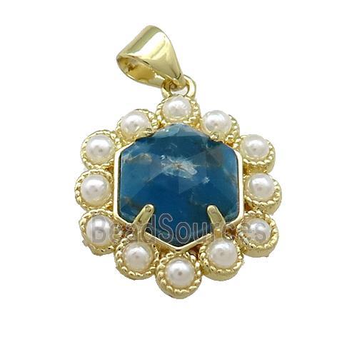 Copper Hexagon Pendant Pave Blue Apatite Pearlized Resin Gold Plated