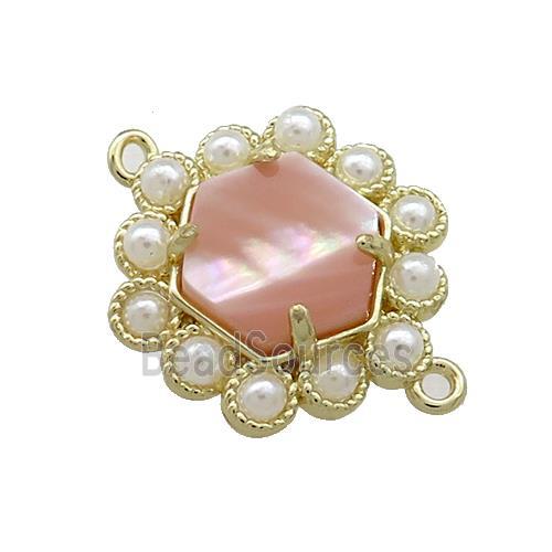 Copper Hexagon Connector Pave Pink Queen Shell Pearlized Resin Gold Plated