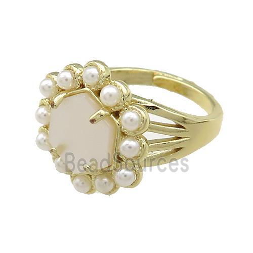 Copper Hexagon Rings Pave White Shell Pearlized Resin Adjustable Gold Plated