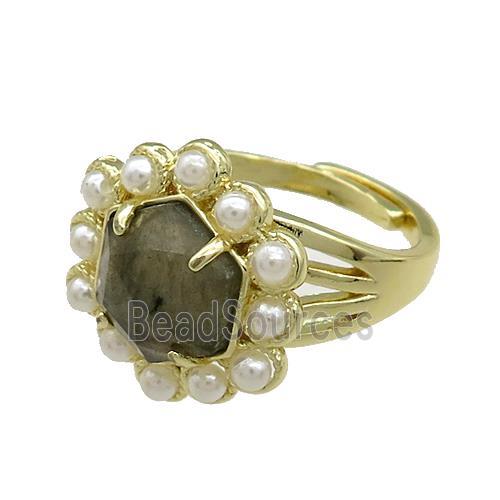 Copper Hexagon Rings Pave Labradorite Pearlized Resin Adjustable Gold Plated