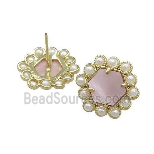 Copper Hexagon Stud Earrings Pave Pink Queen Shell Pearlized Resin Gold Plated