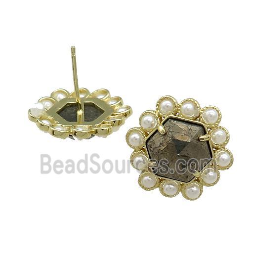 Copper Hexagon Stud Earrings Pave Pyrite Pearlized Resin Gold Plated