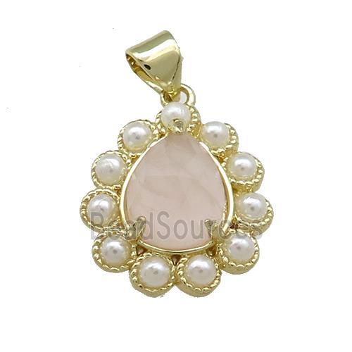 Copper Teardrop Pendant Pave Pink Rose Quartz Pearlized Resin Gold Plated