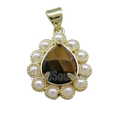 Copper Teardrop Pendant Pave Tiger Eye Stone Pearlized Resin Gold Plated