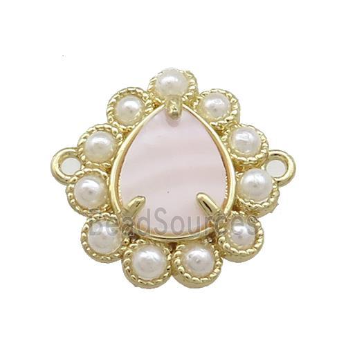 Copper Teardrop Connector Pave Pink Queen Shell Pearlized Resin Gold Plated