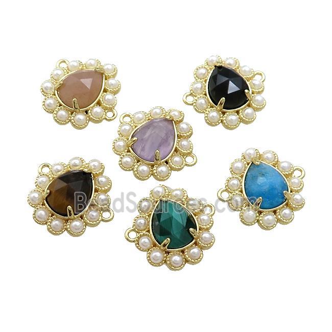 Copper Teardrop Connector Pave Gemstone Pearlized Resin Gold Plated Mixed