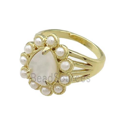 Copper Teardrop Rings Pave White Shell Pearlized Resin Adjustable Gold Plated