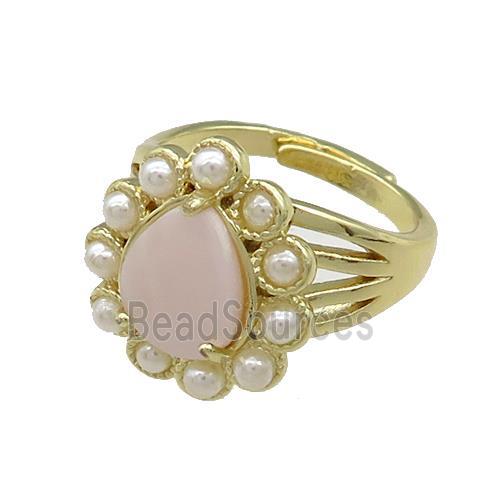 Copper Teardrop Rings Pave Pink Queen Shell Pearlized Resin Adjustable Gold Plated