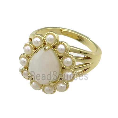 Copper Teardrop Rings Pave White Moonstone Pearlized Resin Adjustable Gold Plated