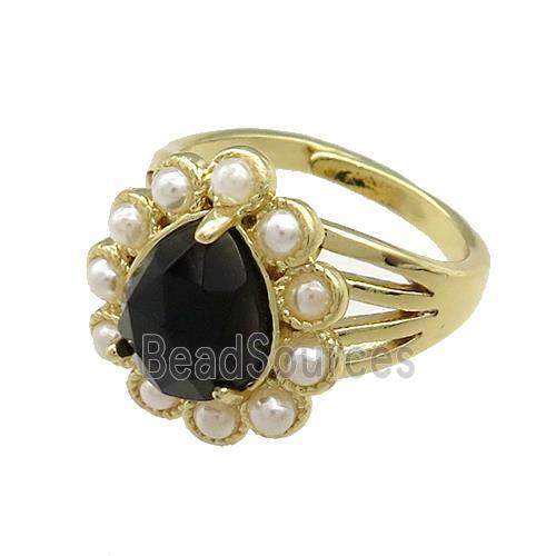 Copper Teardrop Rings Pave Onyx Pearlized Resin Adjustable Gold Plated