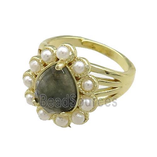 Copper Teardrop Rings Pave Labradorite Pearlized Resin Adjustable Gold Plated