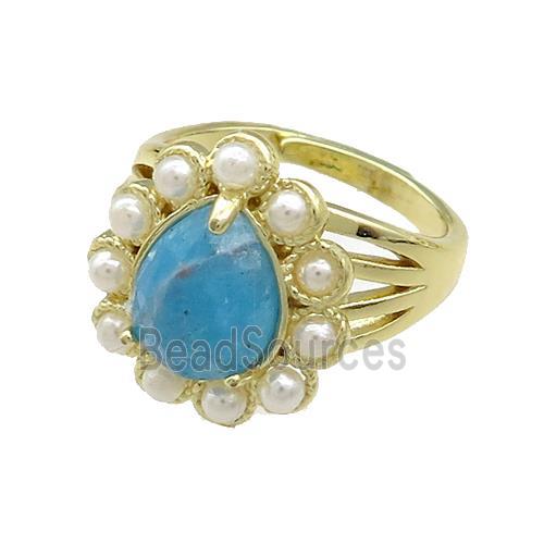 Copper Teardrop Rings Pave Blue Apatite Pearlized Resin Adjustable Gold Plated