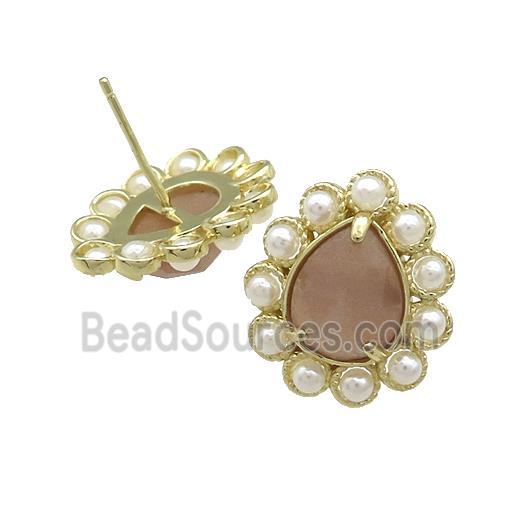 Copper Teardrop Stud Earrings Pave Peach Sunstone Pearlized Resin Gold Plated