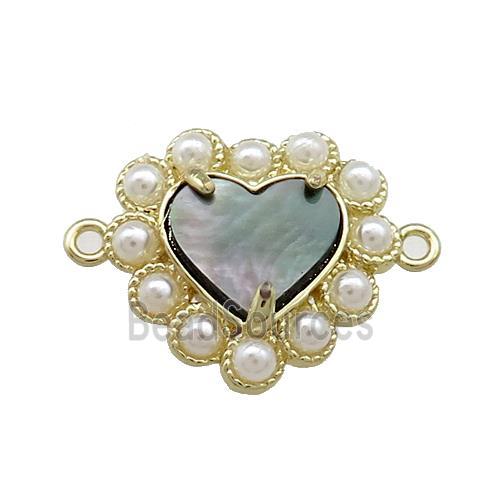 Copper Heart Connector Pave Gray Abalone Shell Pearlized Resin Gold Plated