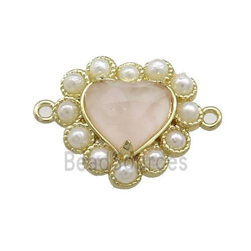 Copper Heart Connector Pave Rose Quartz Pearlized Resin Gold Plated