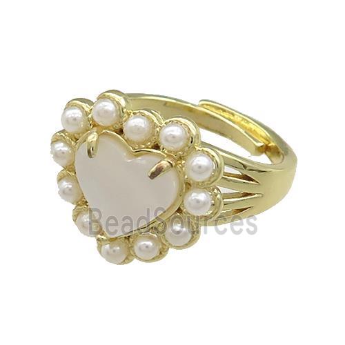 Copper Heart Rings Pave White Shell Pearlized Resin Adjustable Gold Plated