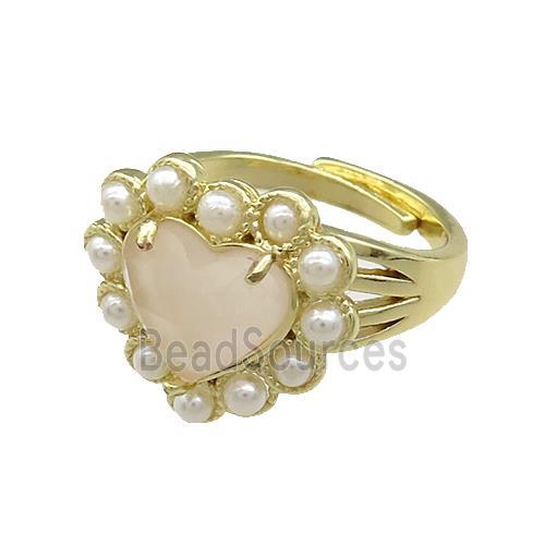 Copper Heart Rings Pave Rose Quartz Pearlized Resin Adjustable Gold Plated