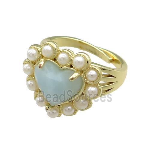 Copper Heart Rings Pave Blue Amazonite Pearlized Resin Adjustable Gold Plated